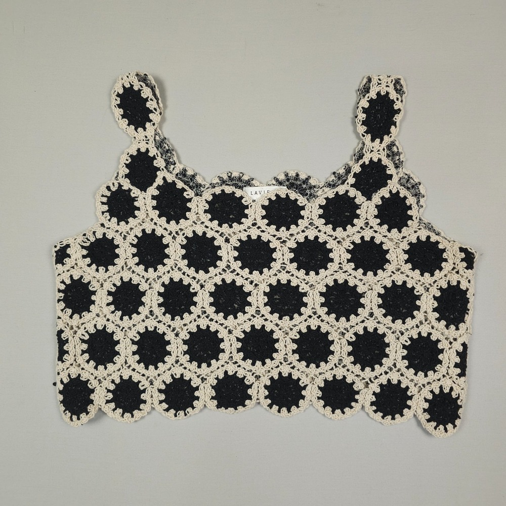 Lavie 89 Crochet Knit Crop Top Tank Women Small Black Cream Scalloped Festival